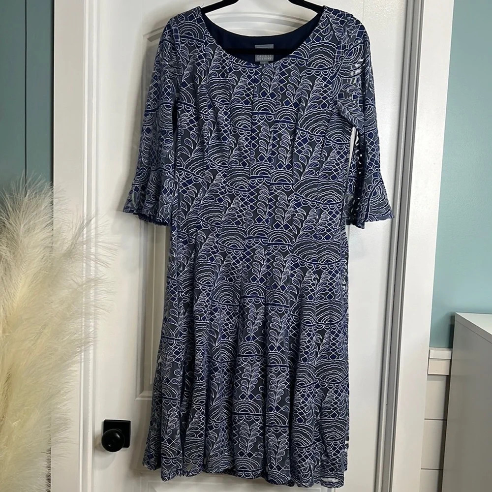 Rabbit Rabbit Rabbit Blue Burnout 3/4 Sleeve‎ Dress. Size 12. NWT.